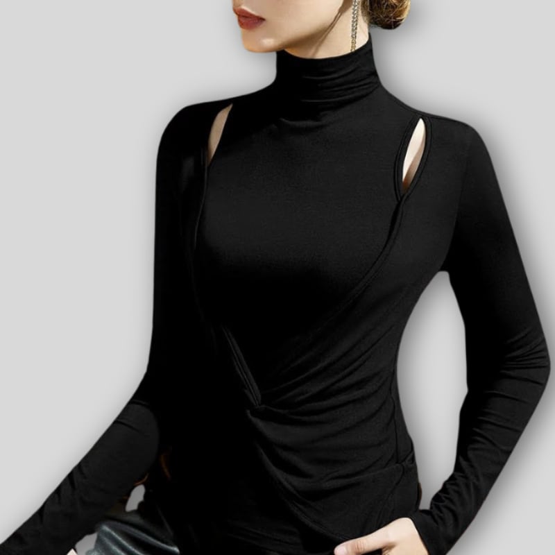 ハイネック ショルダーカット ツイスト スリム トップス 3col D00532