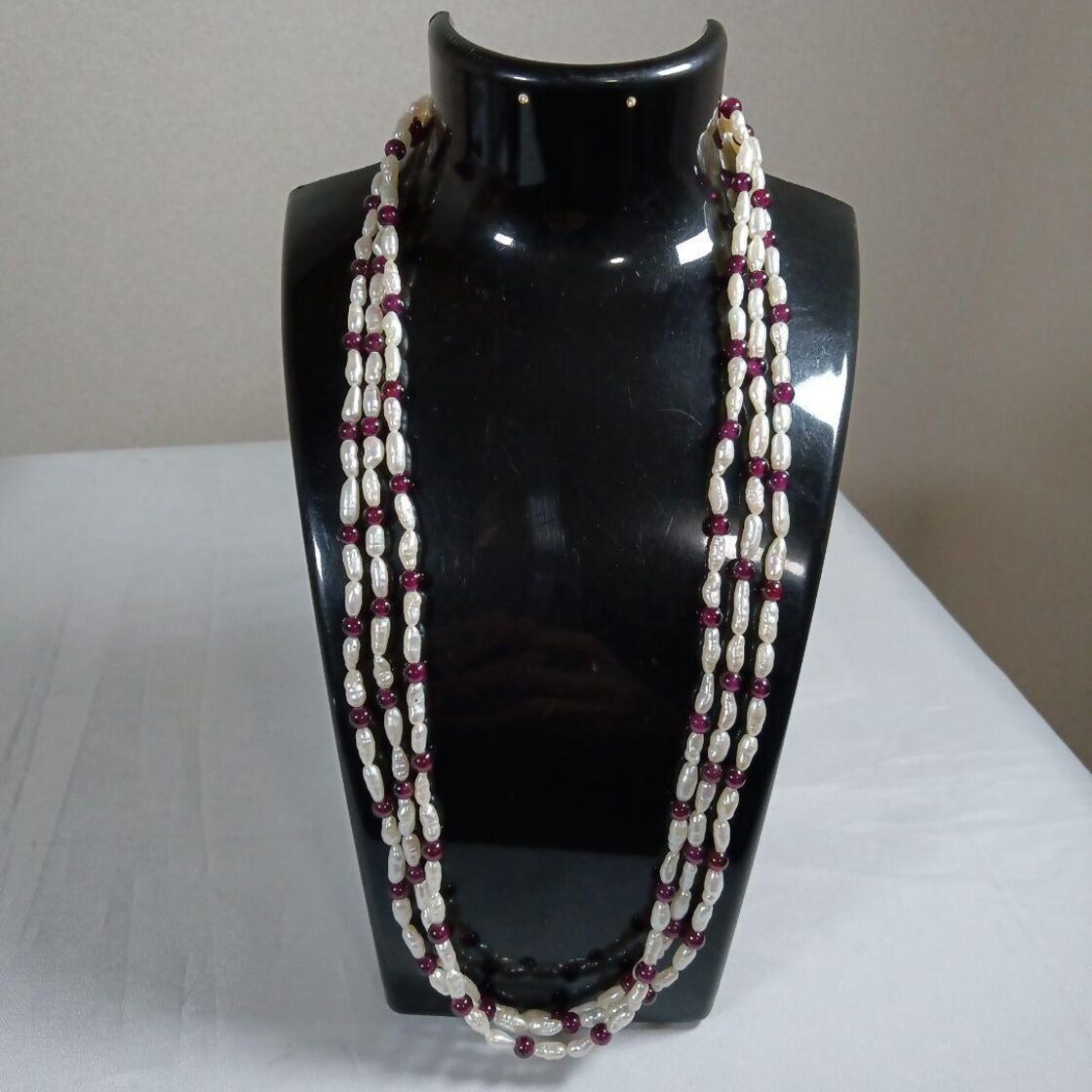 68超美品 鑑別書付き 本真珠 天然ガーネット 3連ネックレス 14K 
