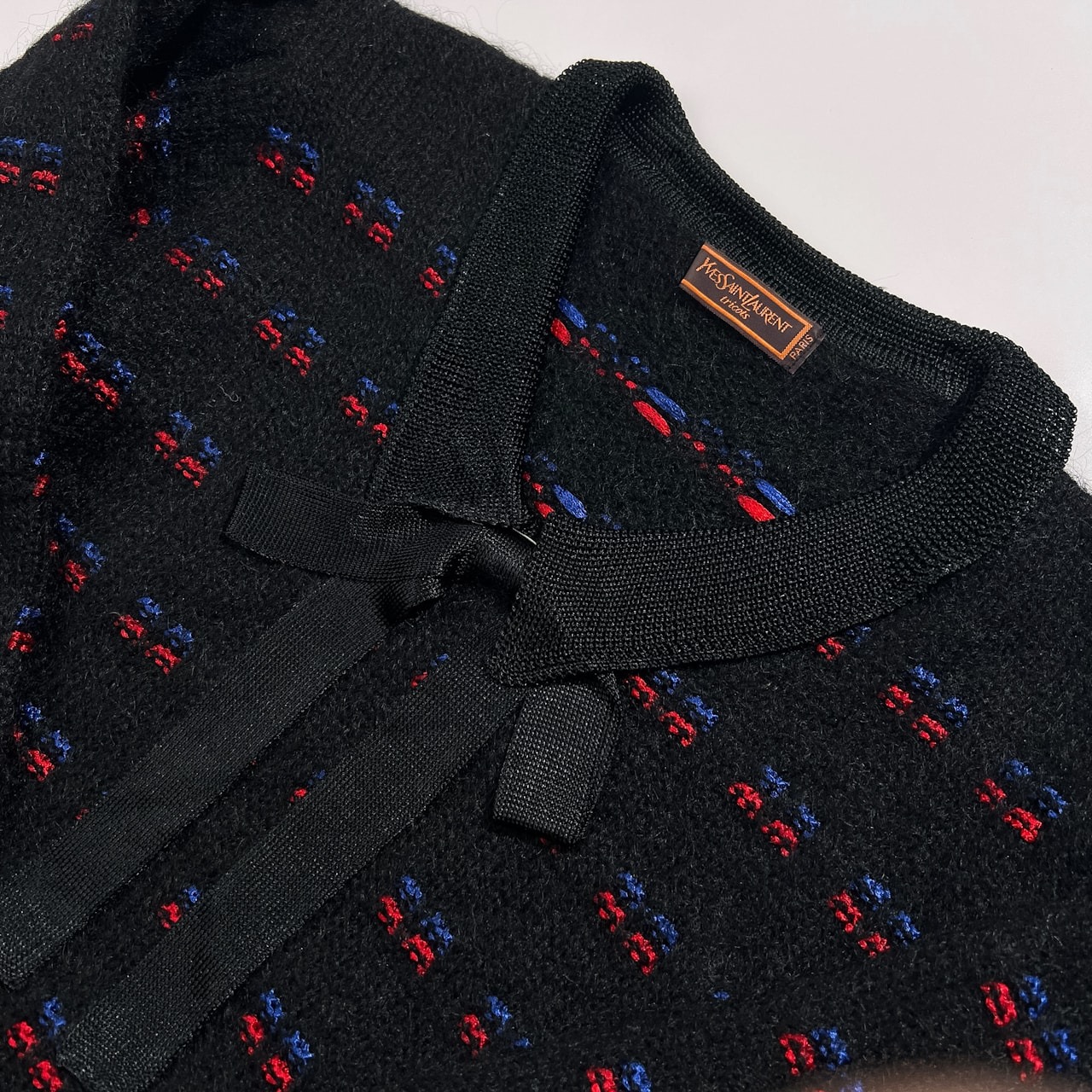 90s YVES SAINT LAURENT tricots イヴサンローラン トリコット リボン デザイン ウールニットセーター /ブラック/オールド/ビンテージ