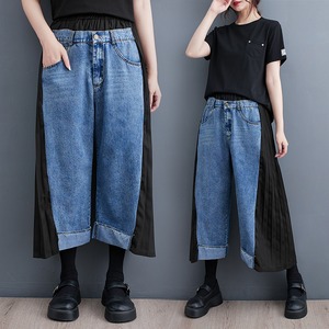 BLUE DENIM STITCH BLACK PLEATED WIDE LEG CROPPED PANTS 1color M-7612