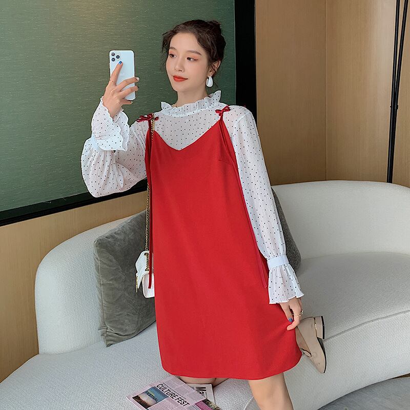 【新作】【送料無料】 マタニティウェア2020秋冬新水玉シフォントップス+ミドル丈サスペンダースカートツーピースセット低年齢の妊婦-アリババ オータム 秋物 ウィンター 冬物 expec233716855404