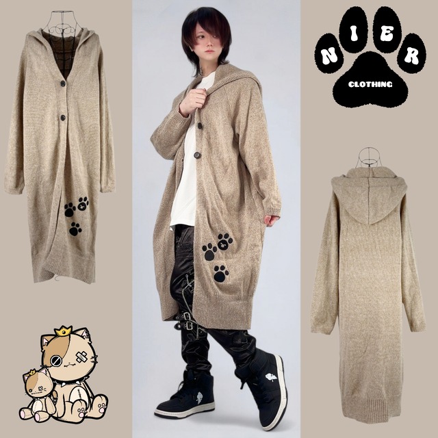 LONG KNIT HOODIE COAT【足跡刺繍入り】