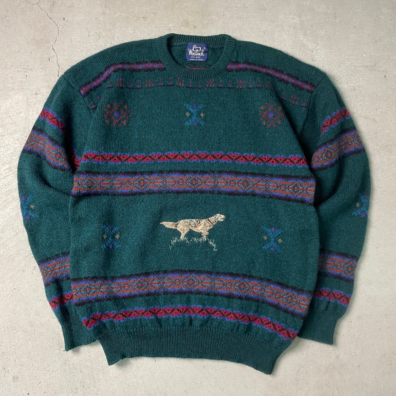 80年代 Woolrich ウールリッチ ウールニットセーター アニマル柄 刺繍 