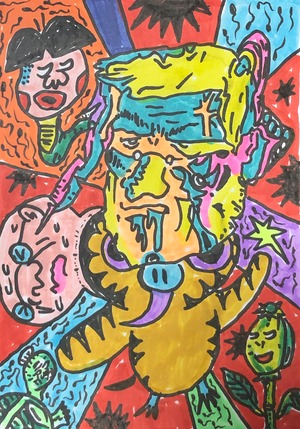 原画・着色ドローイング  「あまり描かないタイプの絵？（※真ん中は佐吉とトランプの合体男）」