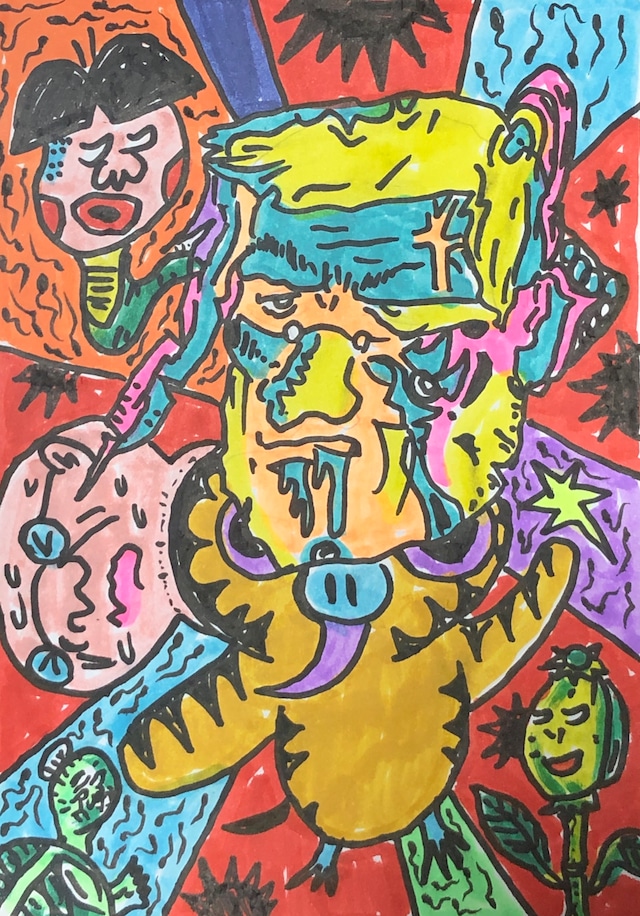 原画・着色ドローイング  「あまり描かないタイプの絵？（※真ん中は佐吉とトランプの合体男）」