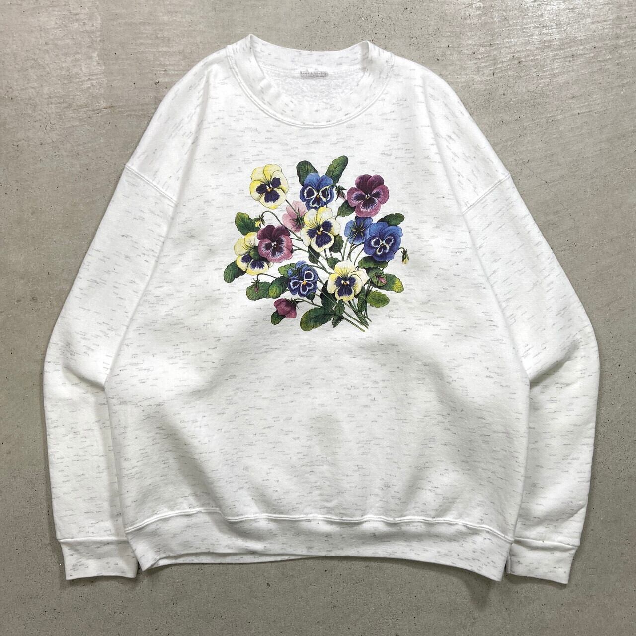 激レア 90s 白黒 花 フラワー アート 絵画 スウェット トレーナー 古着 