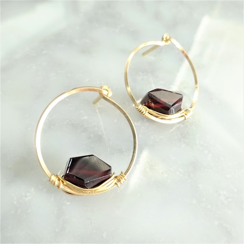 14kgf*宝石質AAA Garnet Circle stud pierced earring