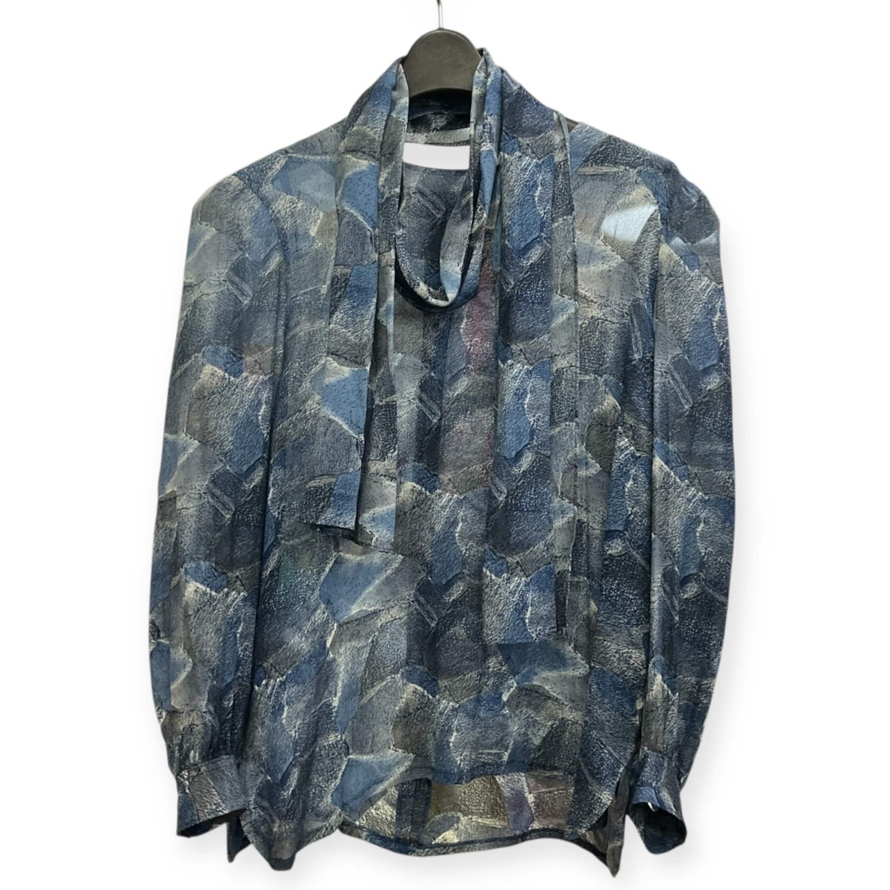 シルク100% Leilian レリアン ボウタイ付き アート風 デザイン 長袖シャツ ブラウス 9/ブルー系 レディース シースルー