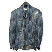 シルク100% Leilian レリアン ボウタイ付き アート風 デザイン 長袖シャツ ブラウス 9/ブルー系 レディース シースルー