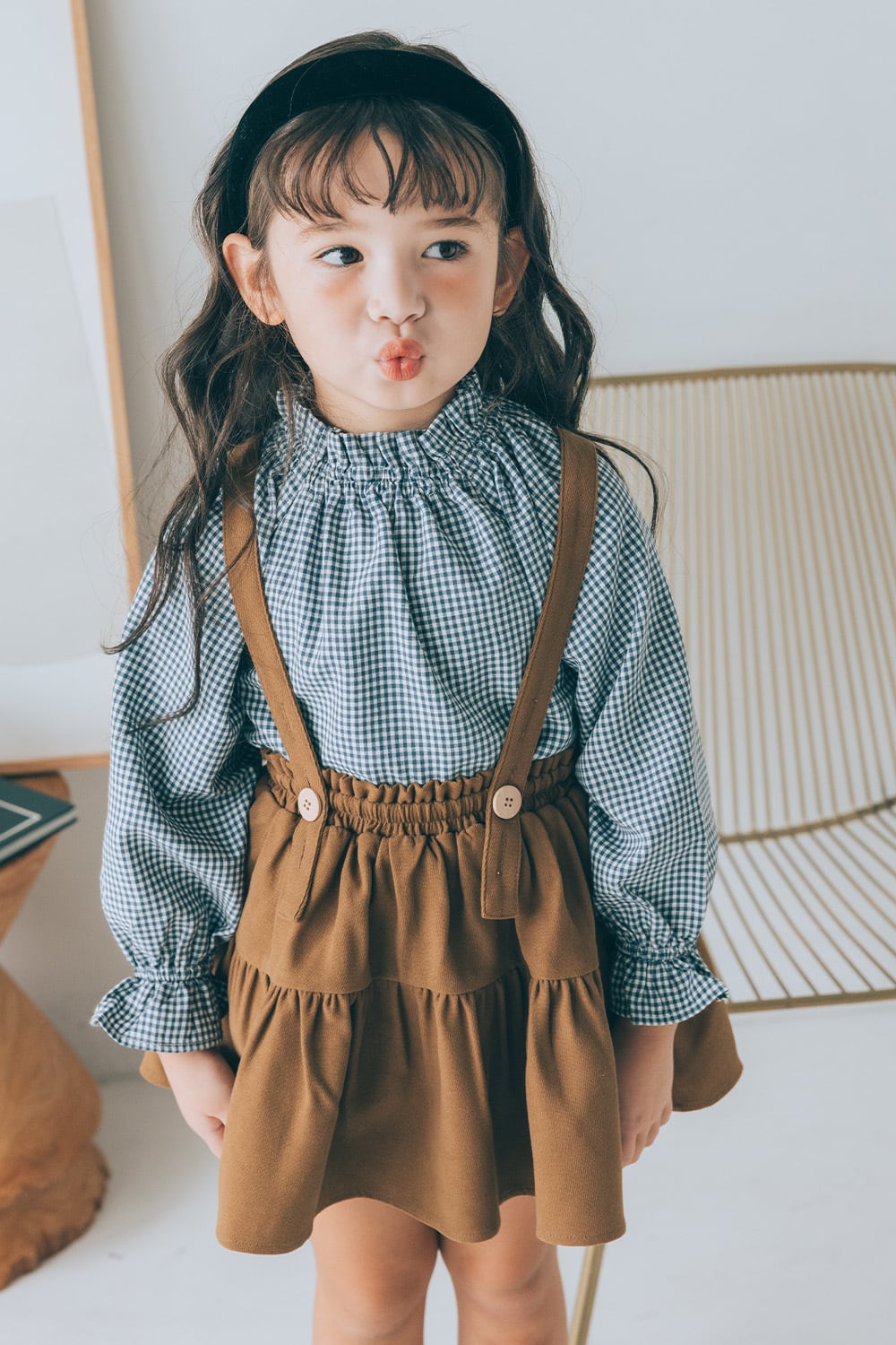 チュール刺繍襟ブラウス×サイドリボンジャンパースカートSET