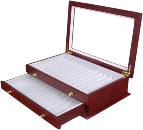 ペン収納ボックス　コレクションボックス　ペンディスプレイ　ディスプレイボックス　大容量　木製　蓋付き　ガラス　赤　金　レッド　ゴールド　ペンボックス　かっこいい　ヴィンテージ　シック　万年筆 　ギフト　25ビット　2段