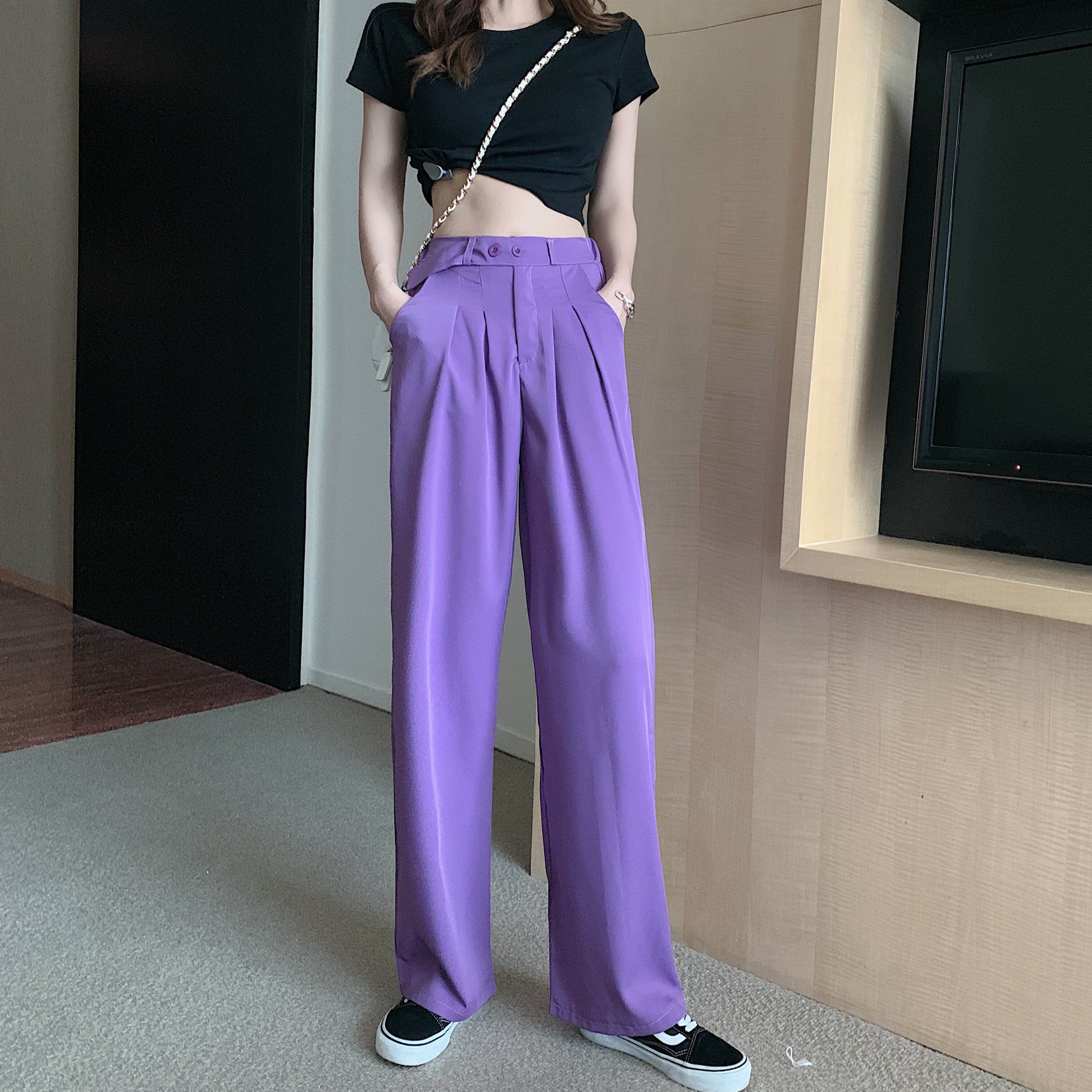ワイドレッグパンツレディース2020新夏カジュアルパンツハイウエストドレープパープルスーツパンツモップパンツ揺れパンツ 1号婦人98999724022