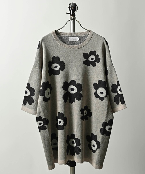 ATELANE Flower pattern short sleeve crew neck knit (GRY) 24A-11020