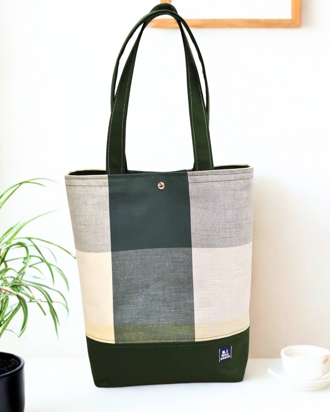 大きなチェックトートバッグ グリーン | Linencloth