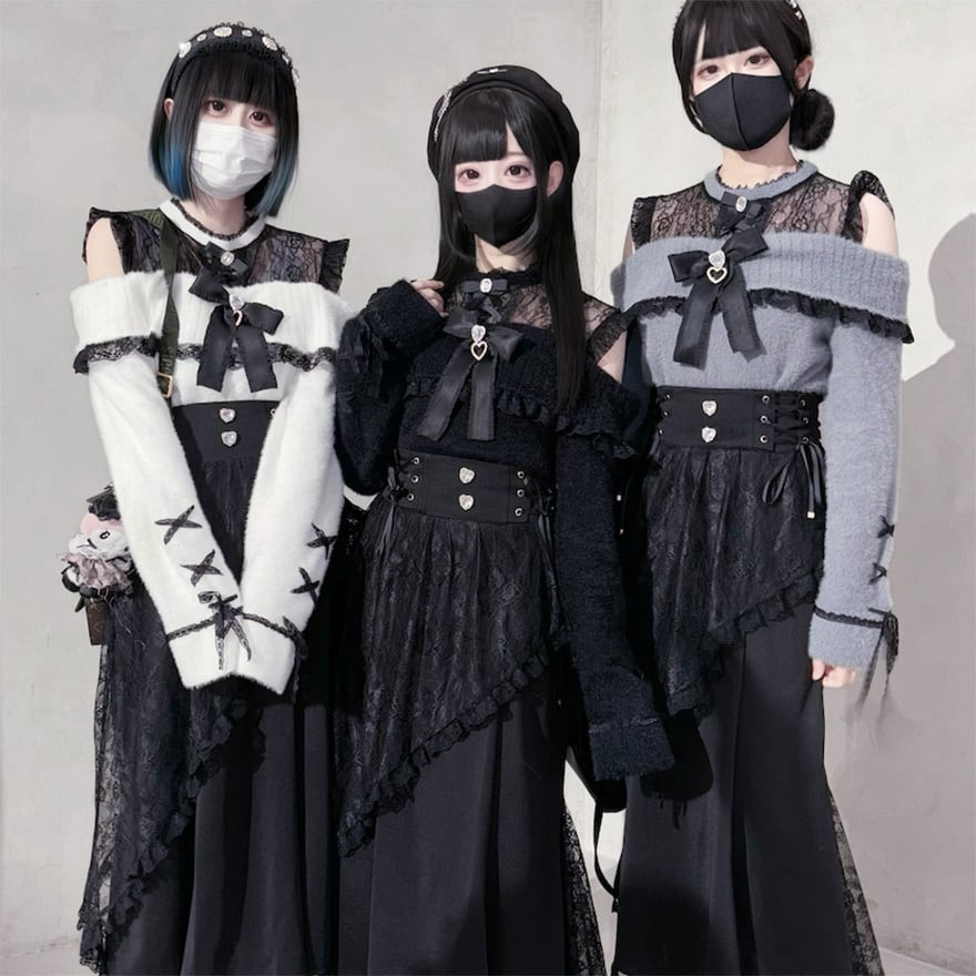 サブカル 服 地雷系 通販 量産型 ニット オフショル 長袖 ネックリボン 闇かわいい