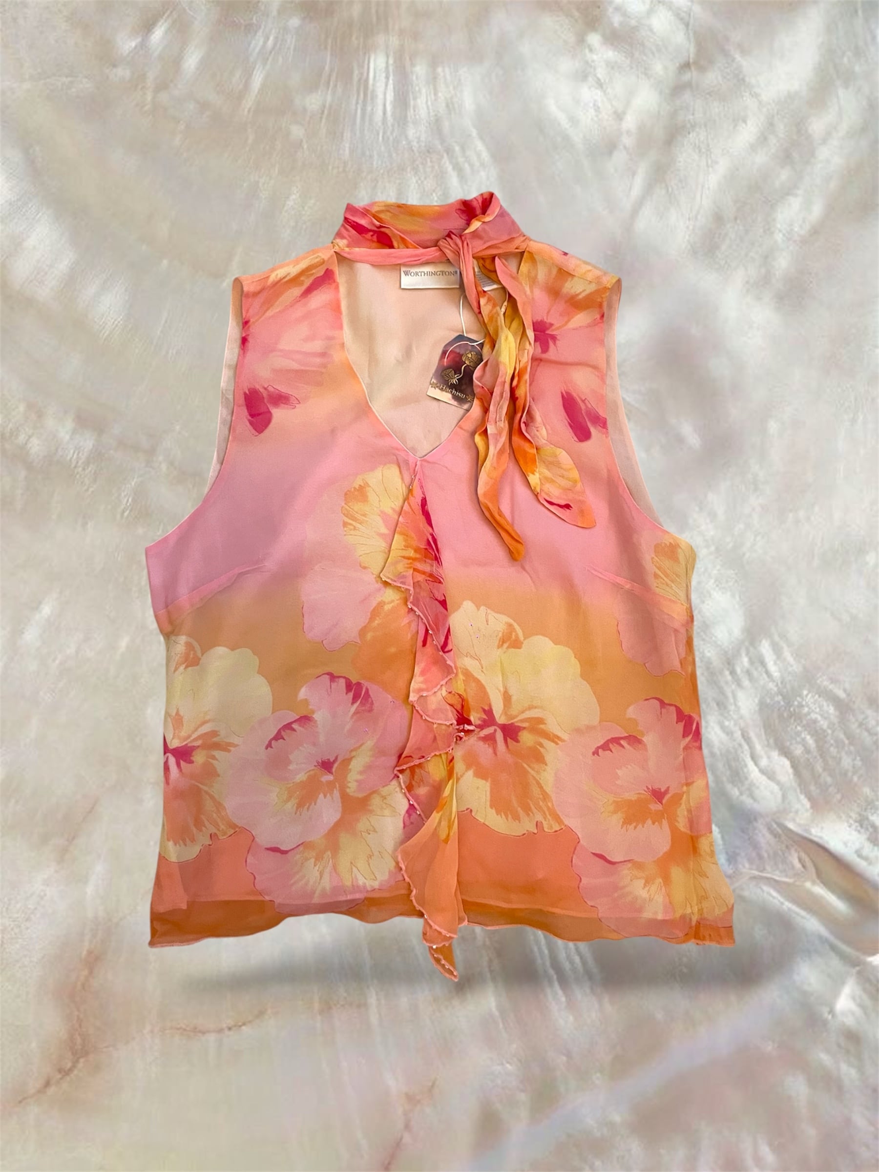 00sVTG “WORTHINGTON” Silk 100% Floral Tie-Neck Frill Tops