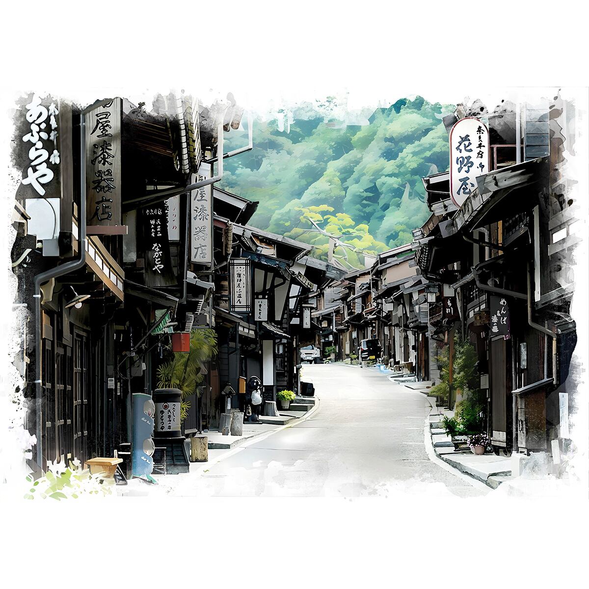 絵画(風景画) 日本 長野県 妻籠宿 インテリアアート額付き 水彩画