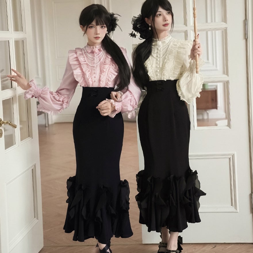 サブカルファッションマーメイドロングドレス フェイクツーピース フィッシュテール フリル ワンピース PUJIオリジナル 秋スタイル