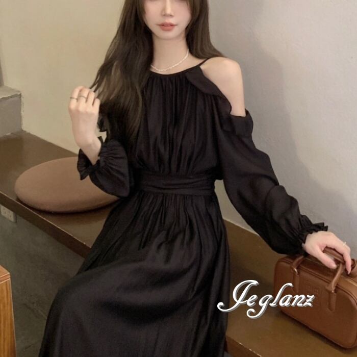 2色 ロング ワンピース オープンショルダー 共ベルト 肌見せ ♪(M8267)γα