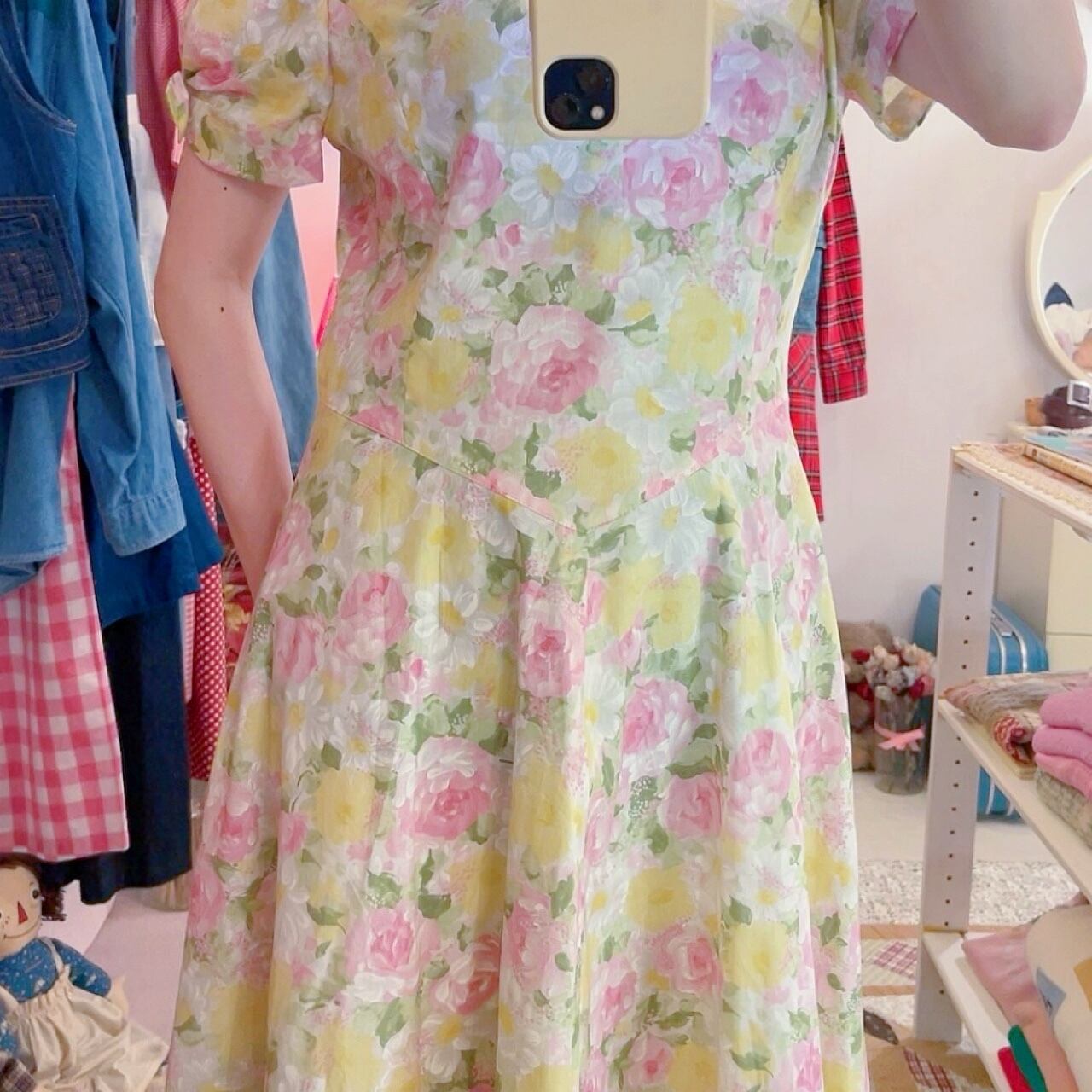 yellow pink flower ribbon sleeve one-piece