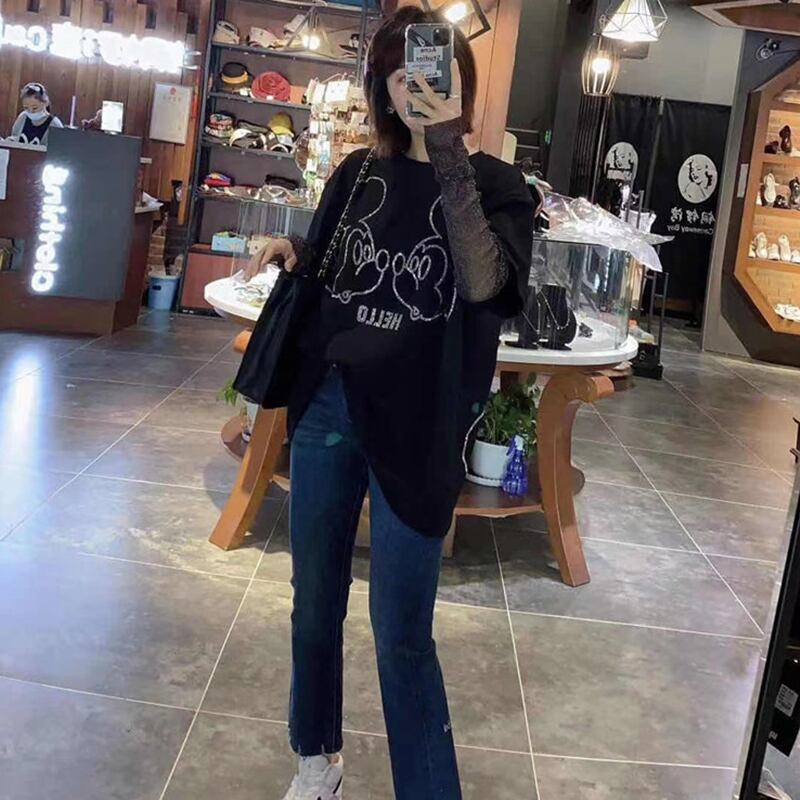 スプリングスリーブトップス Tシャツ 大きめサイズ 春物 ステッチ ミックスインファッション46377169968