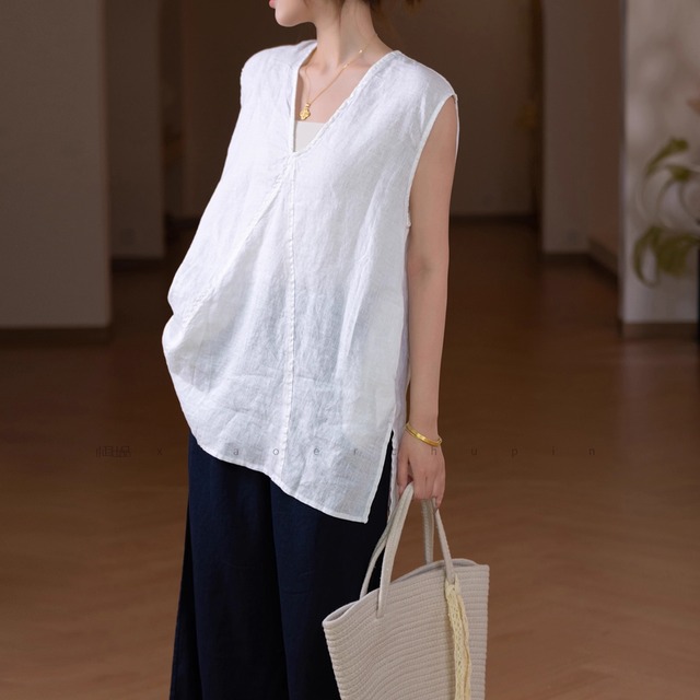 Aライン ノースリーブ Vネック チュニック 4color  00223