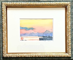 三池港の夕陽の水彩画2