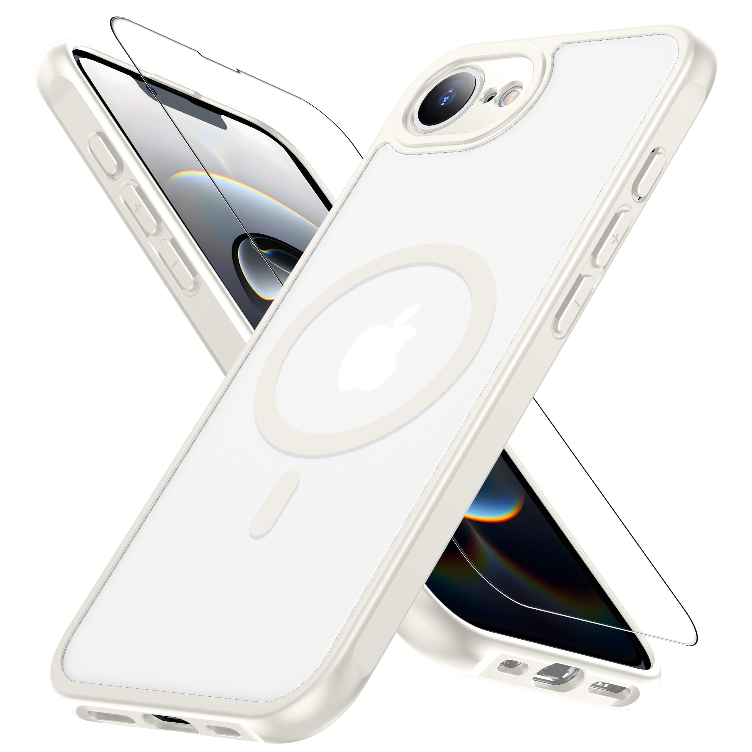 iPhone 16e /17e用ケース 乳白色【 MagSafe対応・米軍規格】ガラスフイルム付き 半透明 第四/五世代 マット感