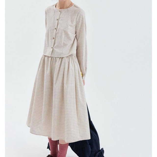gingham check blouse & flared skirt set