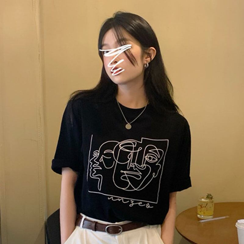 サマールーズプリント柄ブラックTシャツ トップス レディース 夏物 YY-ファッション56486418976