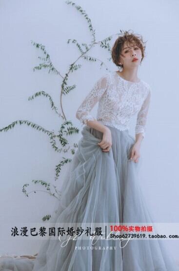 美品！ ウエディングドレス ツーピース グレー ミニトレーン/短  