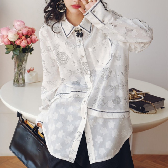 girly cute flower and bright line constellation print white shirt 0731