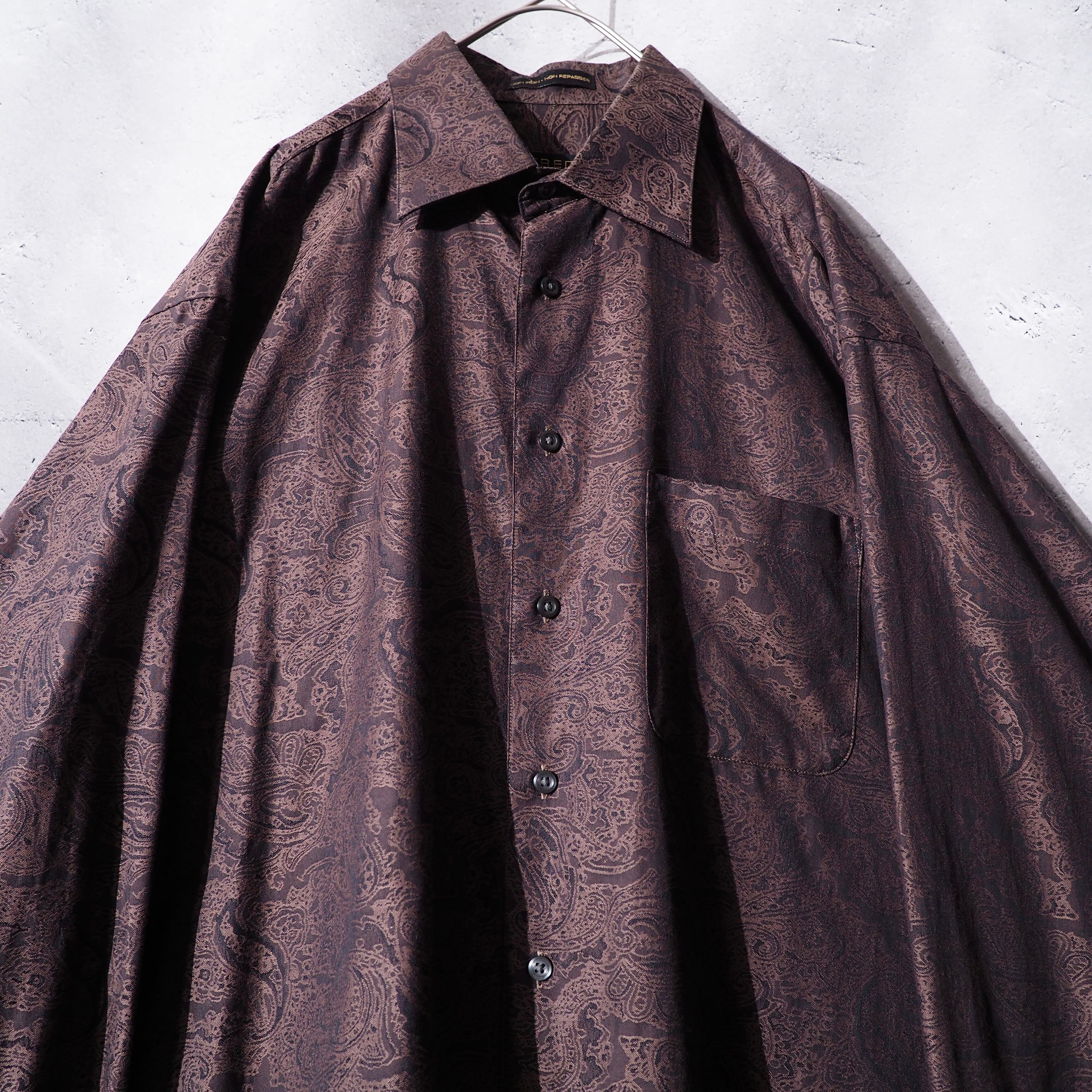 Finest paisley pattern embroidery Dark brown color loose shirt