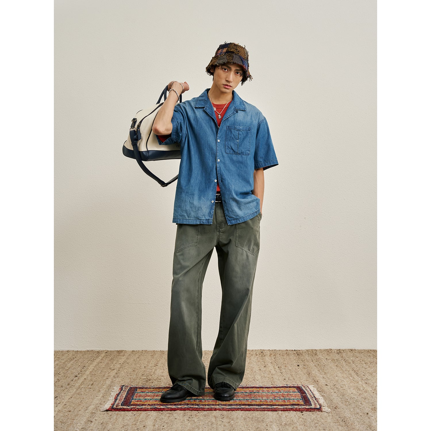 アンダーカバー open strings期　レイヤードデニムジャケット風シャツ CENLES Vintage Fade Denim Open Collar Shirt / ヴィンテージフェード