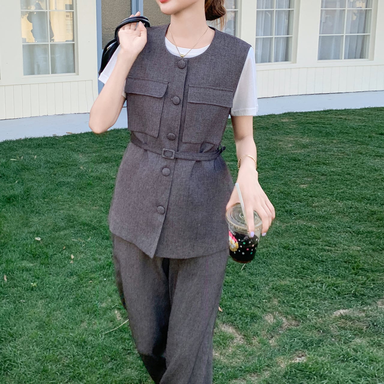 T-shirt, vest and wide leg pants set S1420