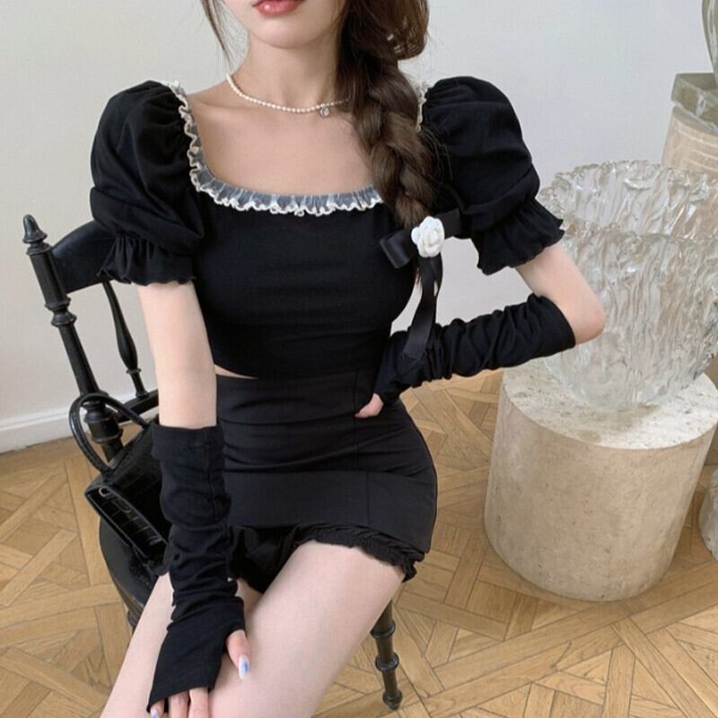 スリーブTシャツ サマーカラーレースショートニットトップス 大人ガーリー スウィート キュート カジュアル 夏物 スクウェア ガールズファッション67607986953