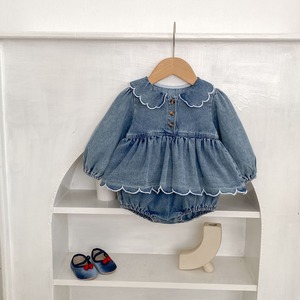 ベビーキッズ  春新作 女の子用  長袖 無地 デニム ロンパース OR ワンピース 姉妹服
