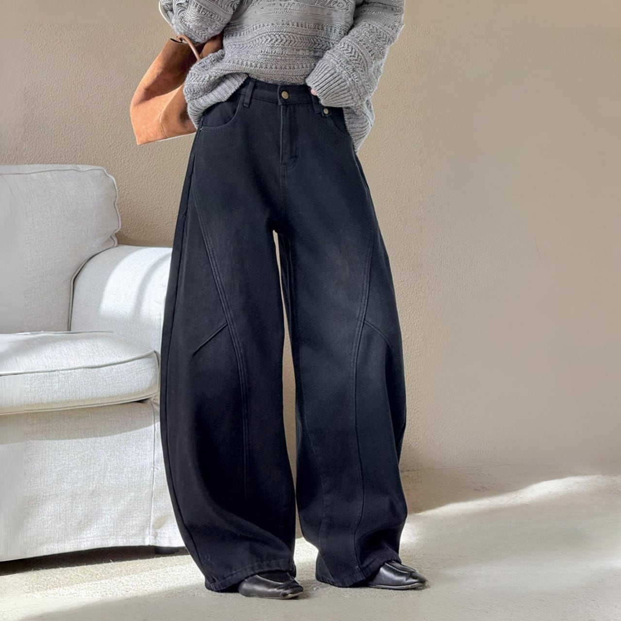 フリースライニングデコンストラクトカーブデニムパンツ A01974