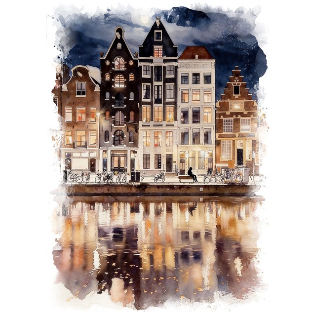 絵画 オランダ 風景画(街並み)  アムステルダムの夜と月 インテリアアート額付き 水彩画・油絵調 WAT0489