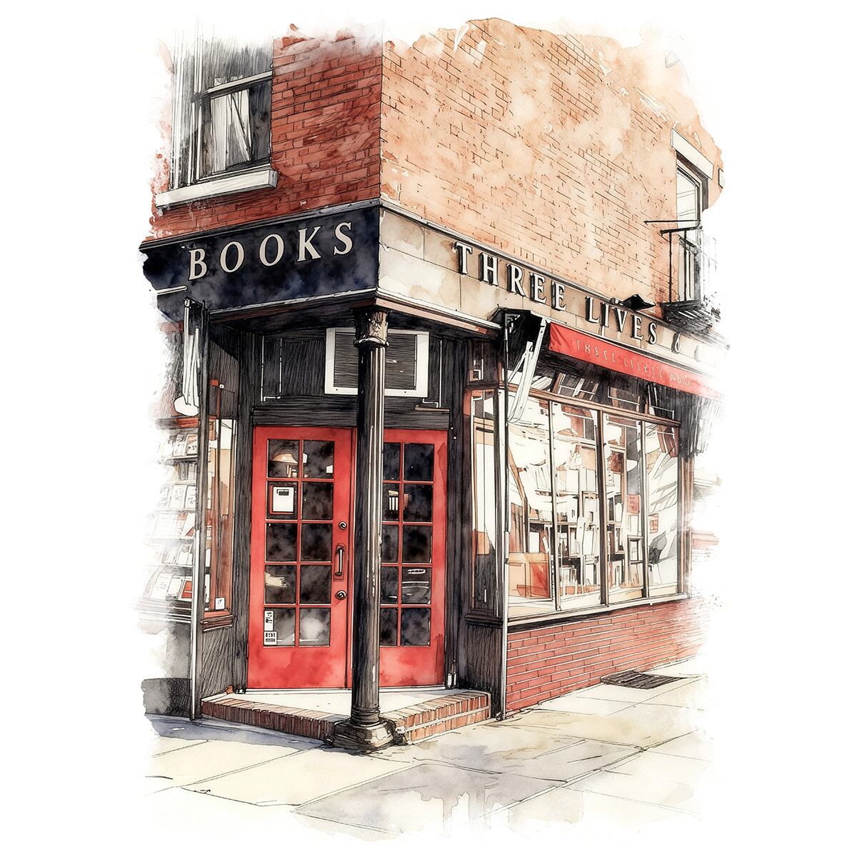 絵画 風景画(街並み) アメリカ ニューヨーク グリニッジ・ヴィレッジの書店 インテリアアート額付き 水彩画・油絵風 WAT1149