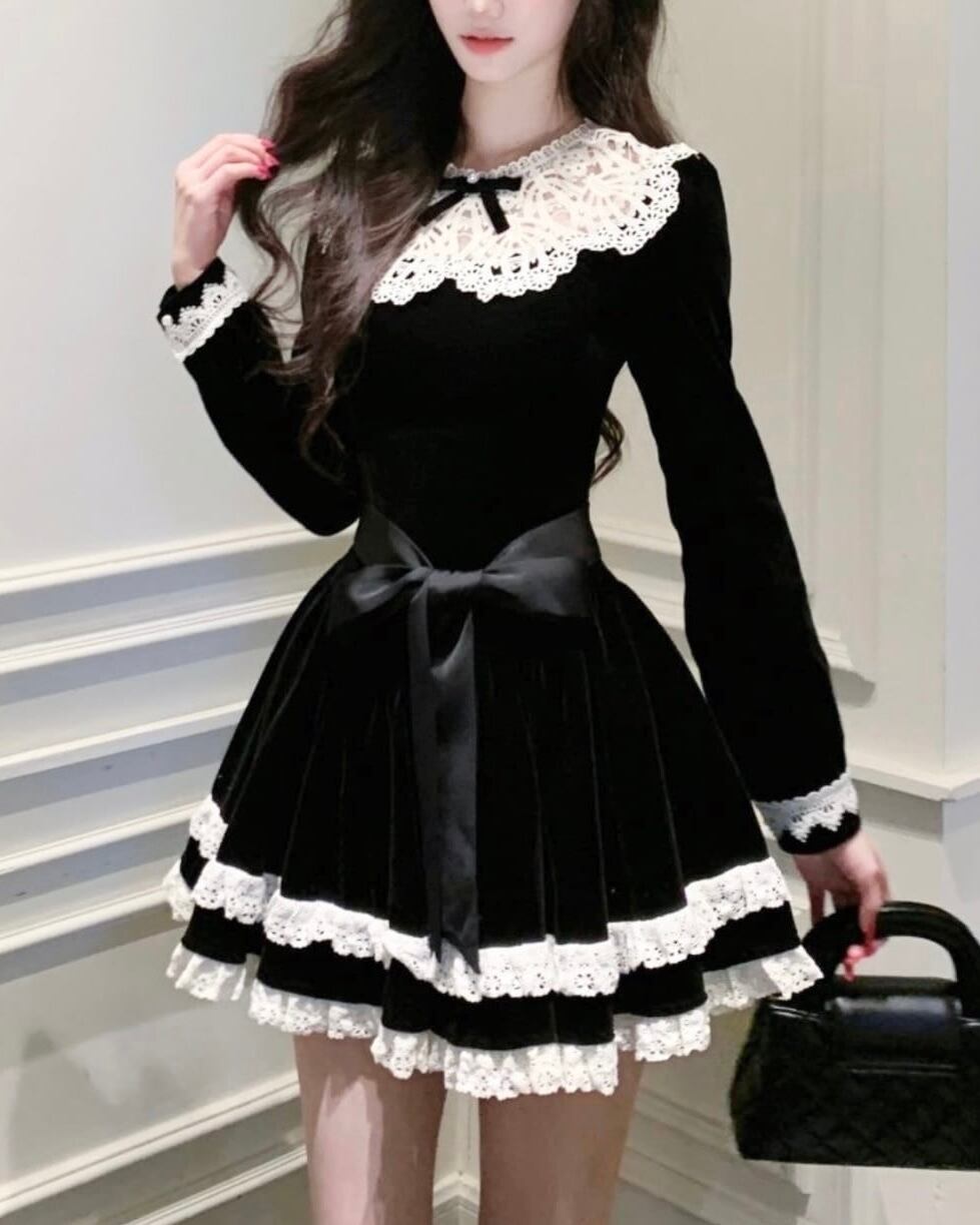 カットアウトレースベルベットワンピース 25W08303