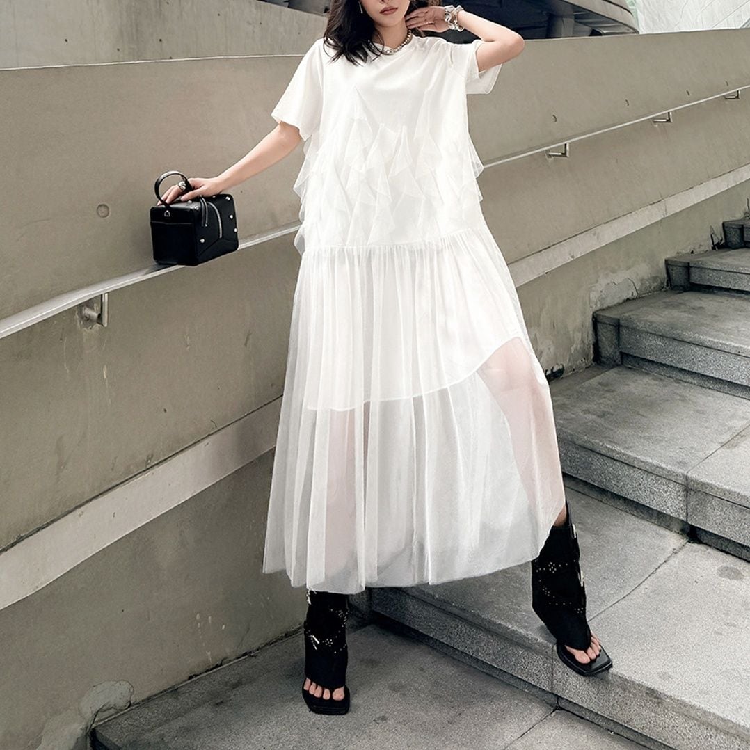 ASYMMETRIC MESH PANEL LOOSE MIDI DRESS M-17220