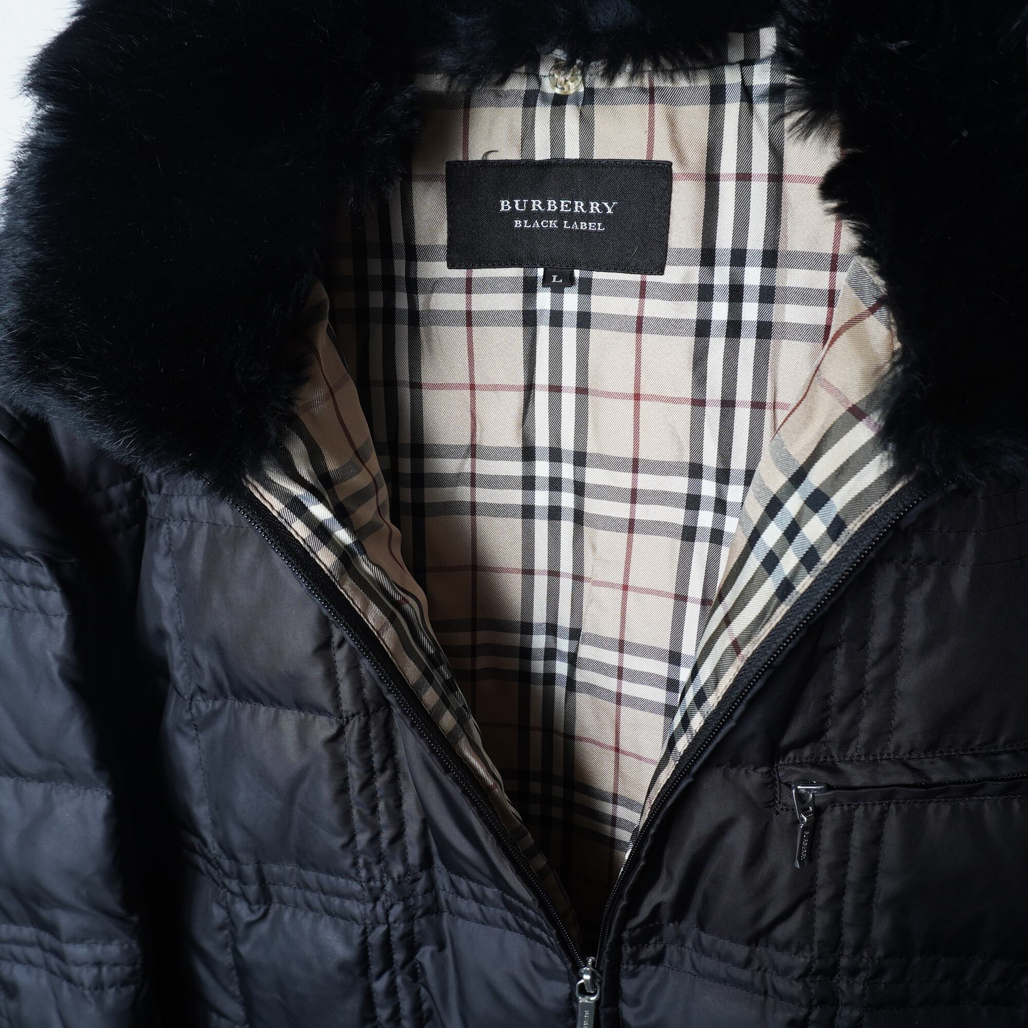 バーバリーキルティングジャケットファー付き BURBERRY】バーバリー ロゴジップ・ラビットファーキルティング