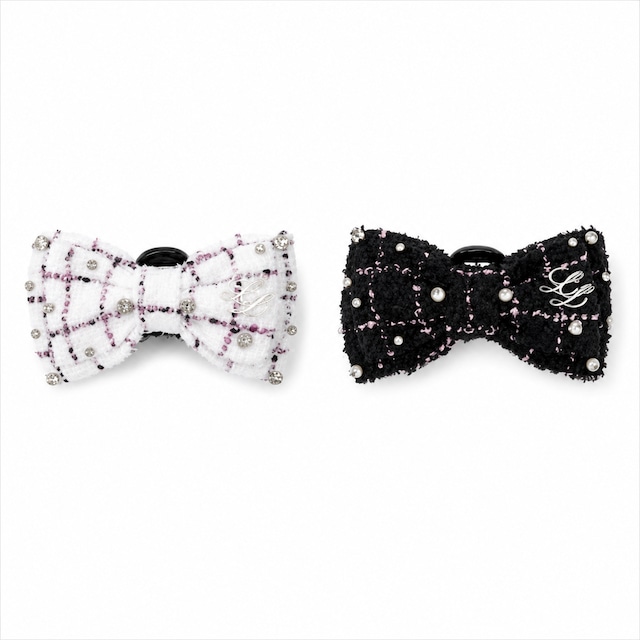 【受注】Lumignon original ♥ Pink tweed ribbon hair clip【ホワイト/ブラック】