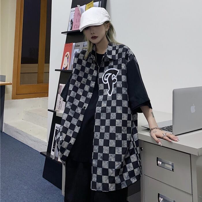 スタイルサマースタンダードルーズシャツ 格子柄ロングトップス レトロ ストリート 夏物 ケッペル3227354744