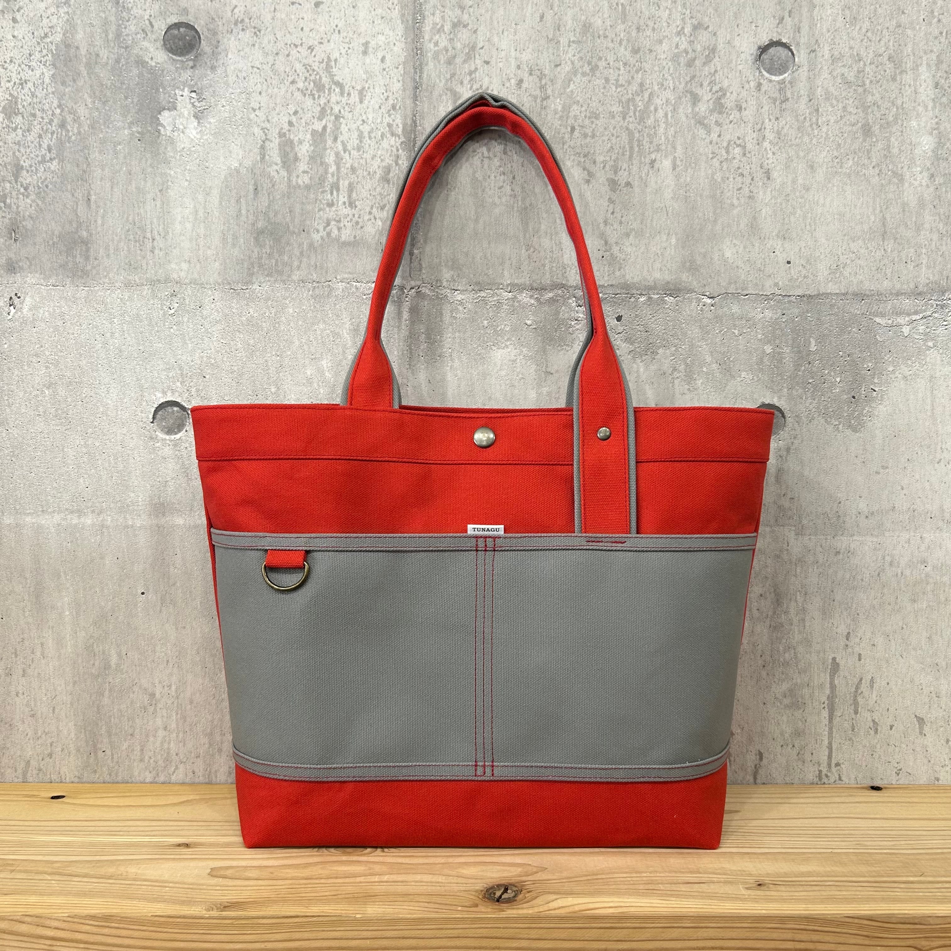 Bi Color Tote "L" / 内ポケット×5付 【赤×グレー】