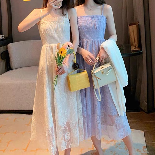 【 高品質の製品】 夏 新作 レース キャミ・ベアワンビス フレンチ ワンピース 薄手 ロングスカート