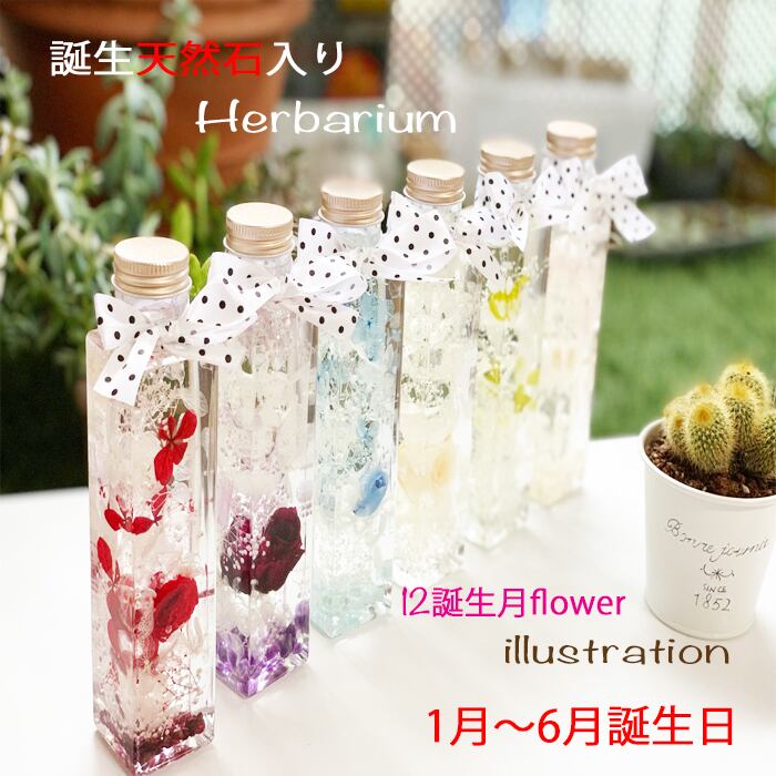 誕生石入りハーバリウム+誕生花メッセージカード 1月から6月 誕生石入りハーバリウム+誕生花メッセージカード 1月から6月