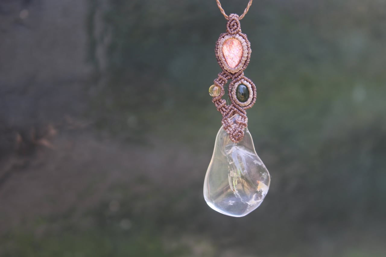 Healing crystal & Sunstone & Chrome Tourmaline micro macrame pendant