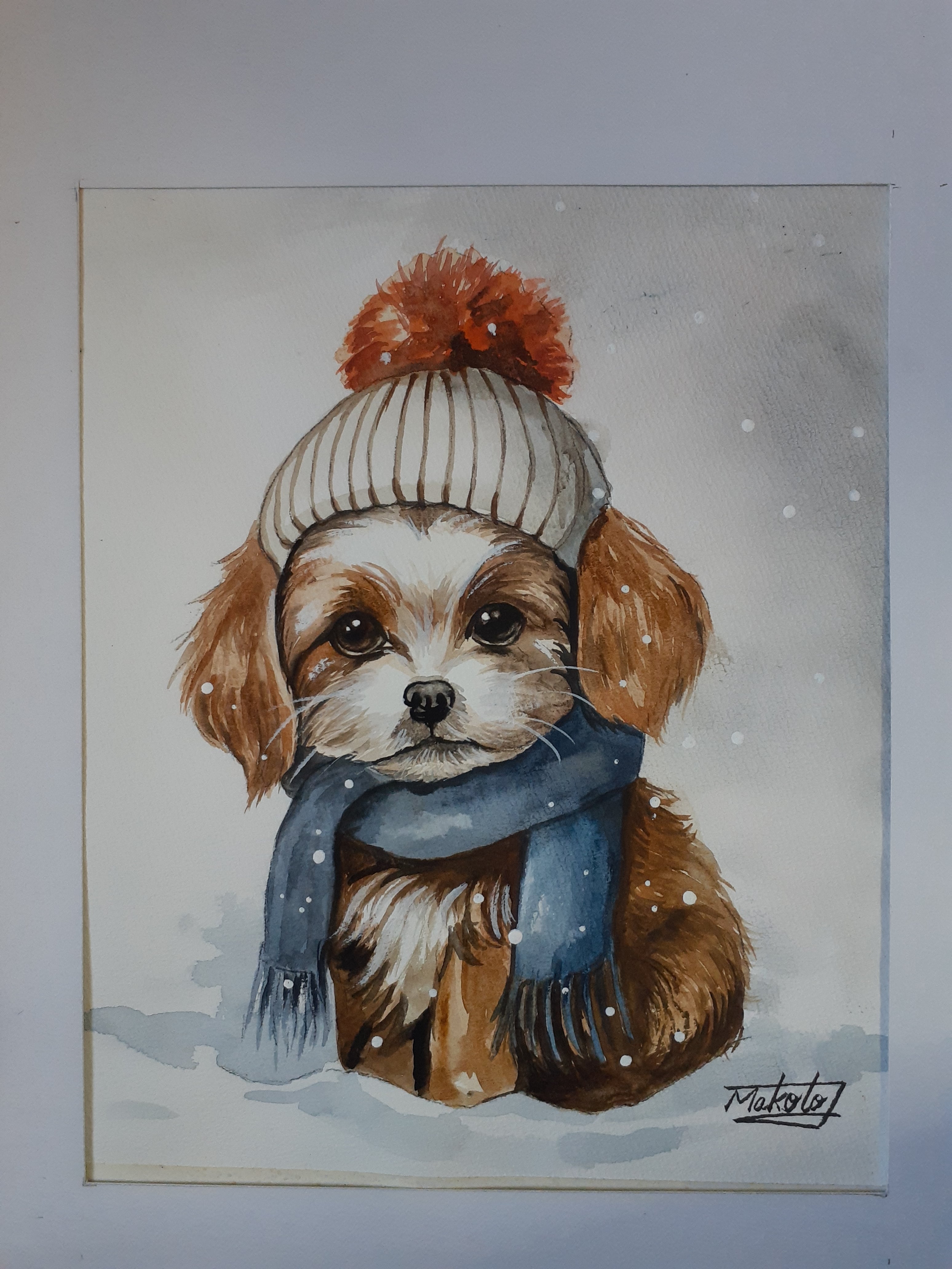 水彩画 雪上の可愛い子犬 | 工房 和み